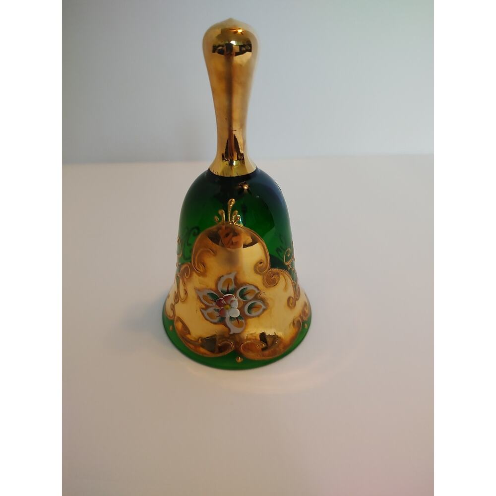 Vintage Murano Glass Green And Gold Bell - Made In Italy
